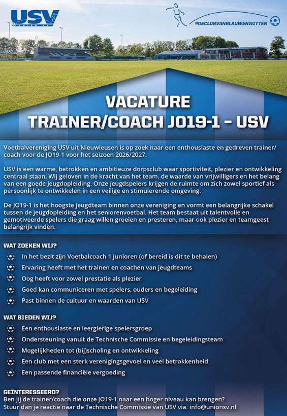 Trainer/Coach gezocht voor USV JO19-1